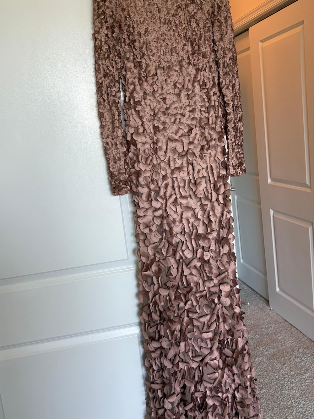 Theia Long Sleeve Petal-Texture Gown in Dusty Rose